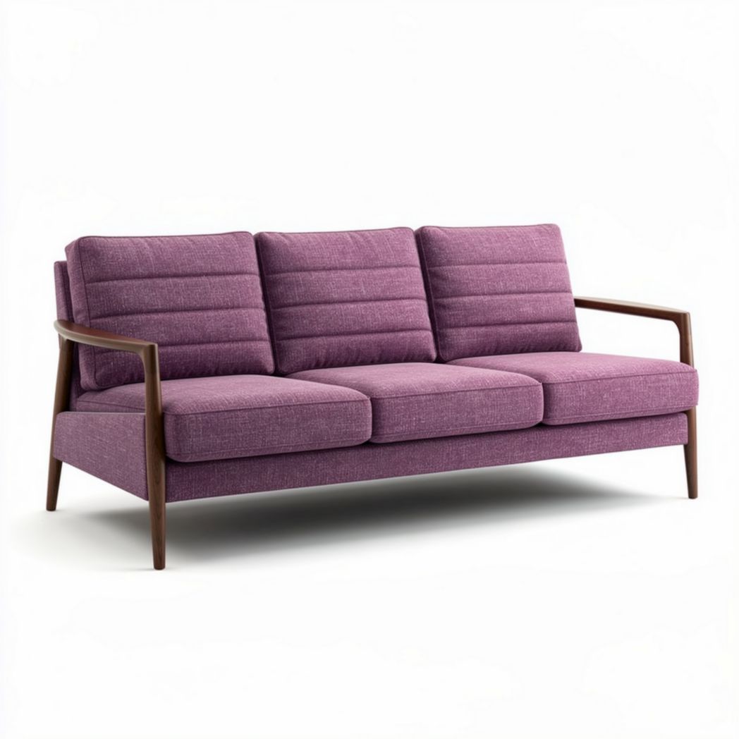 Divano a tre posti in tessuto viola con struttura in legno 180 x 80 x 85cm