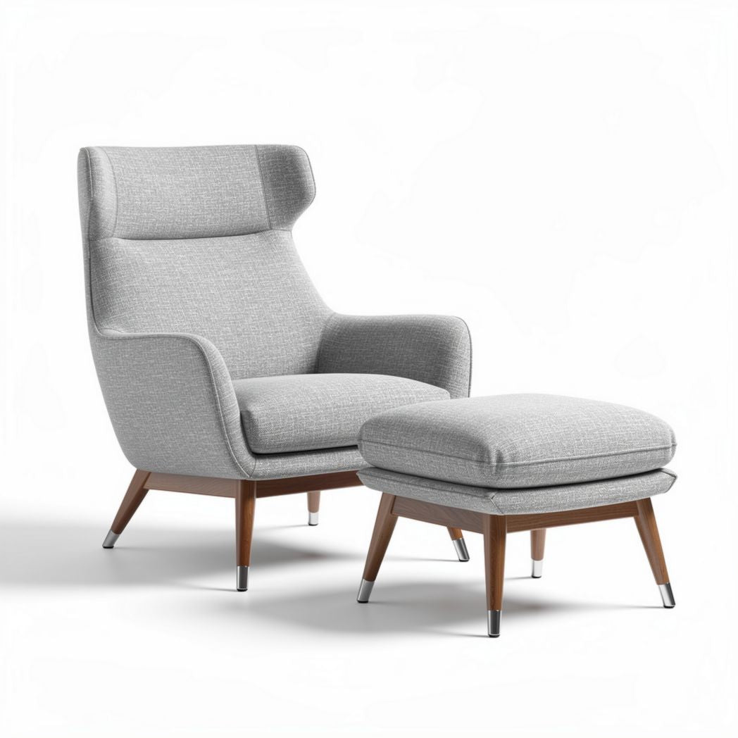 Poltrona sospesa grigia in tessuto con pouf in legno 80 x 70 x 100cm