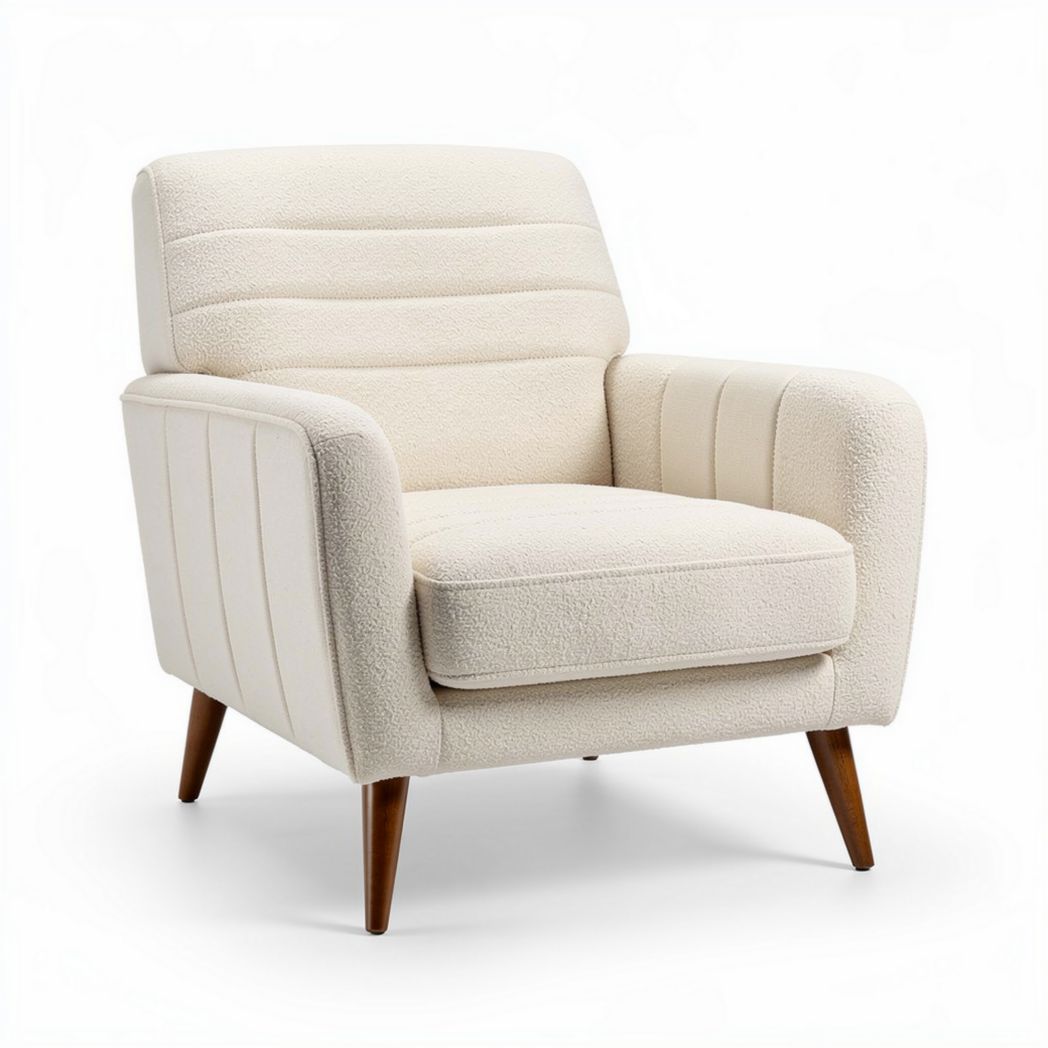 Poltrona moderna in tessuto beige con struttura in legno e dimensioni 80 x 80 x 90cm