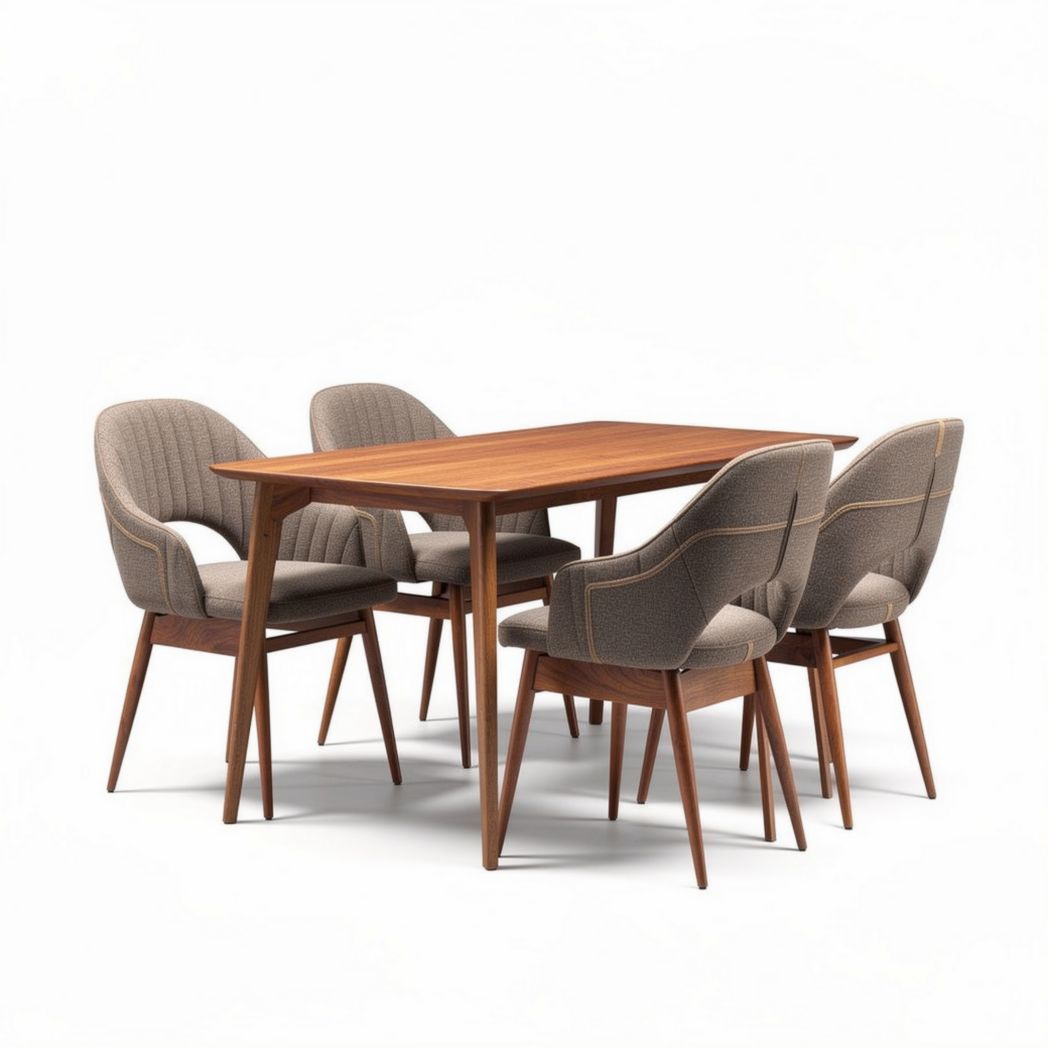 Tavolo in legno di noce con quattro sedie imbottite grigie 150 x 90 x 75cm