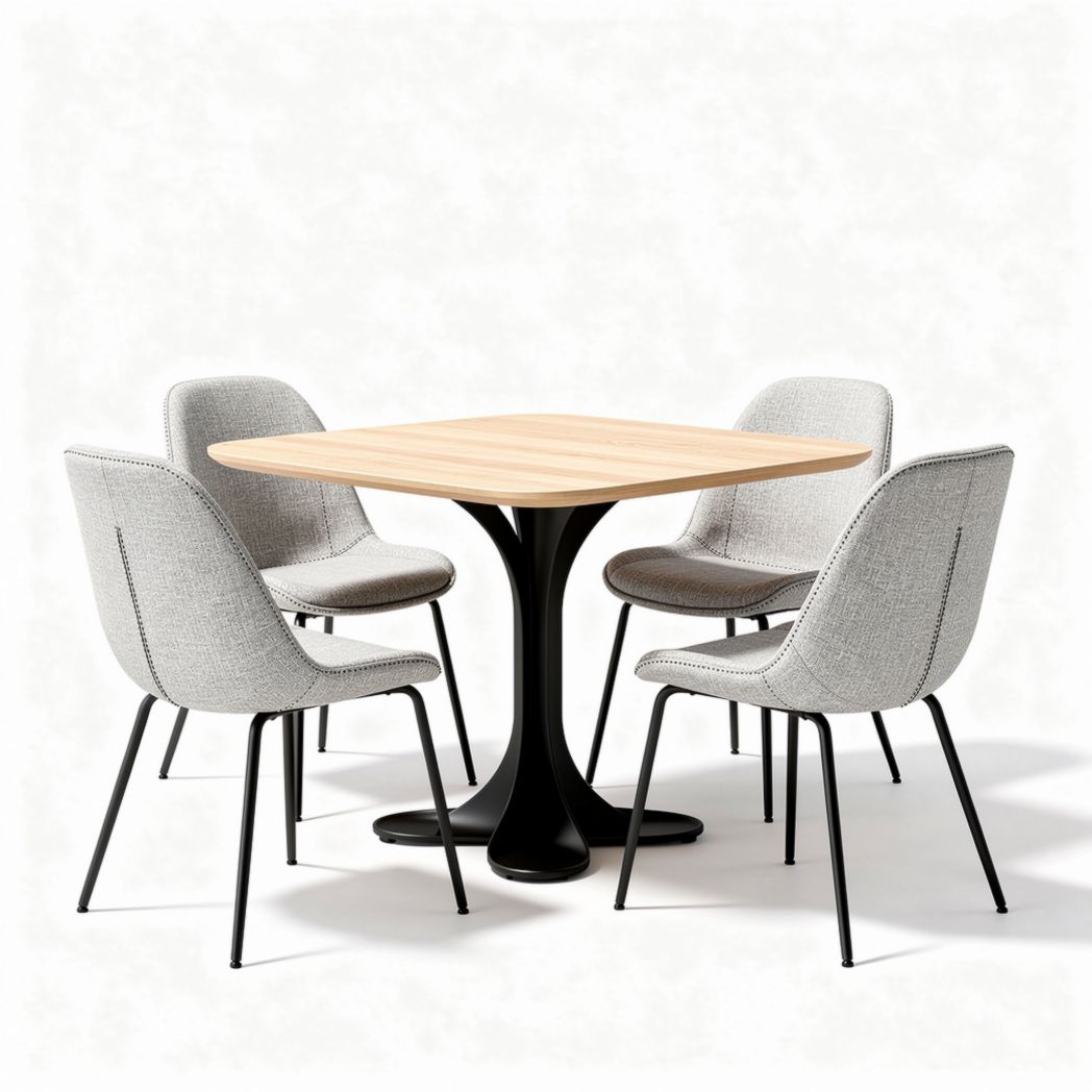 Tavolo quadrato in legno con base nera e quattro sedie grigie 100 x 100 x 75cm