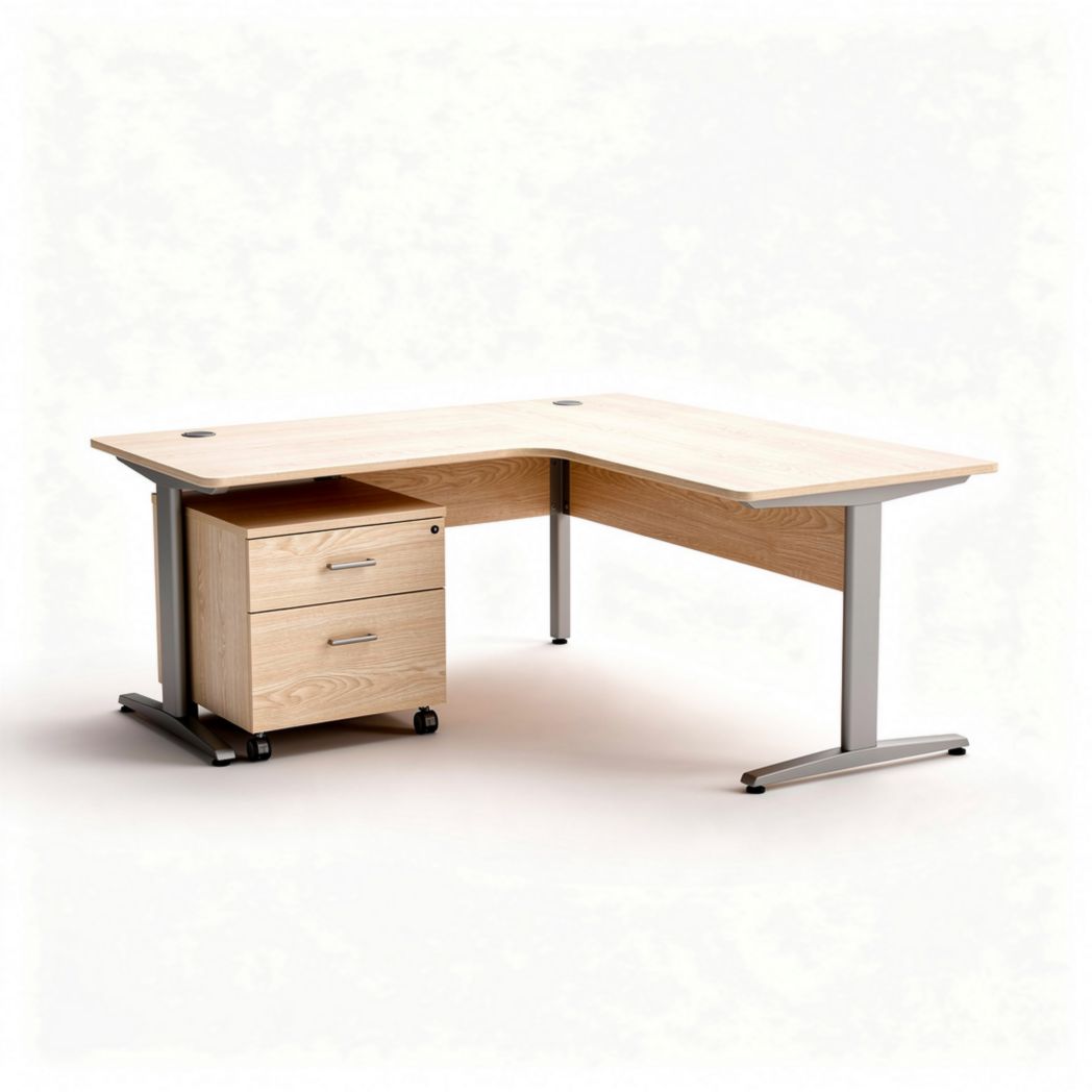 Scrivania angolare in legno color rovere con cassetti e ruote 150 x 150 x 75cm