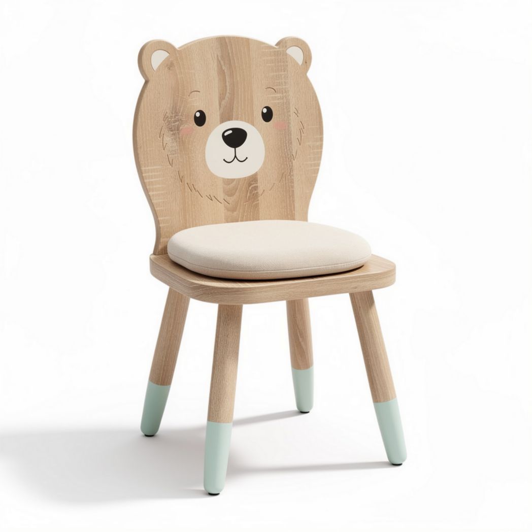 Sedia per bambini in legno con schienale a forma di orso e cuscino crema 30 x 30 x 60cm