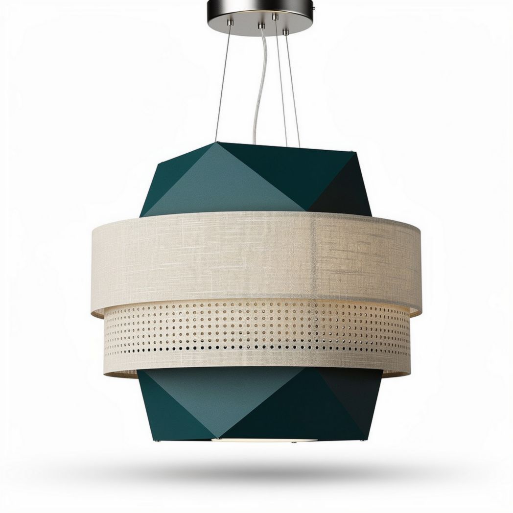 Lampadario moderno in metallo e tessuto 30 x 30 x 25cm colore verde e beige