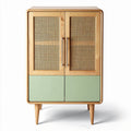 Mobiletto in legno con ante in rattan e base verde 80 x 40 x 100cm