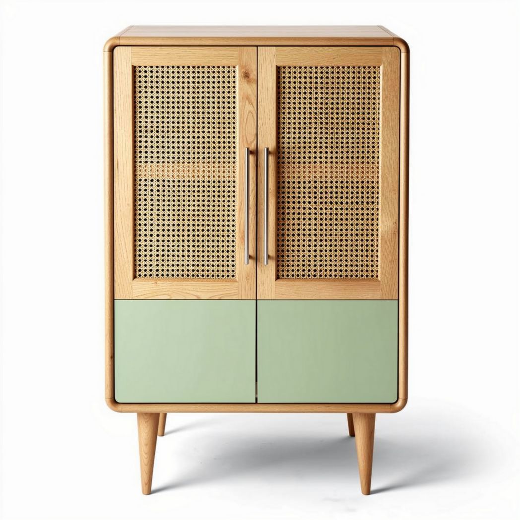 Mobiletto in legno con ante in rattan e base verde 80 x 40 x 100cm